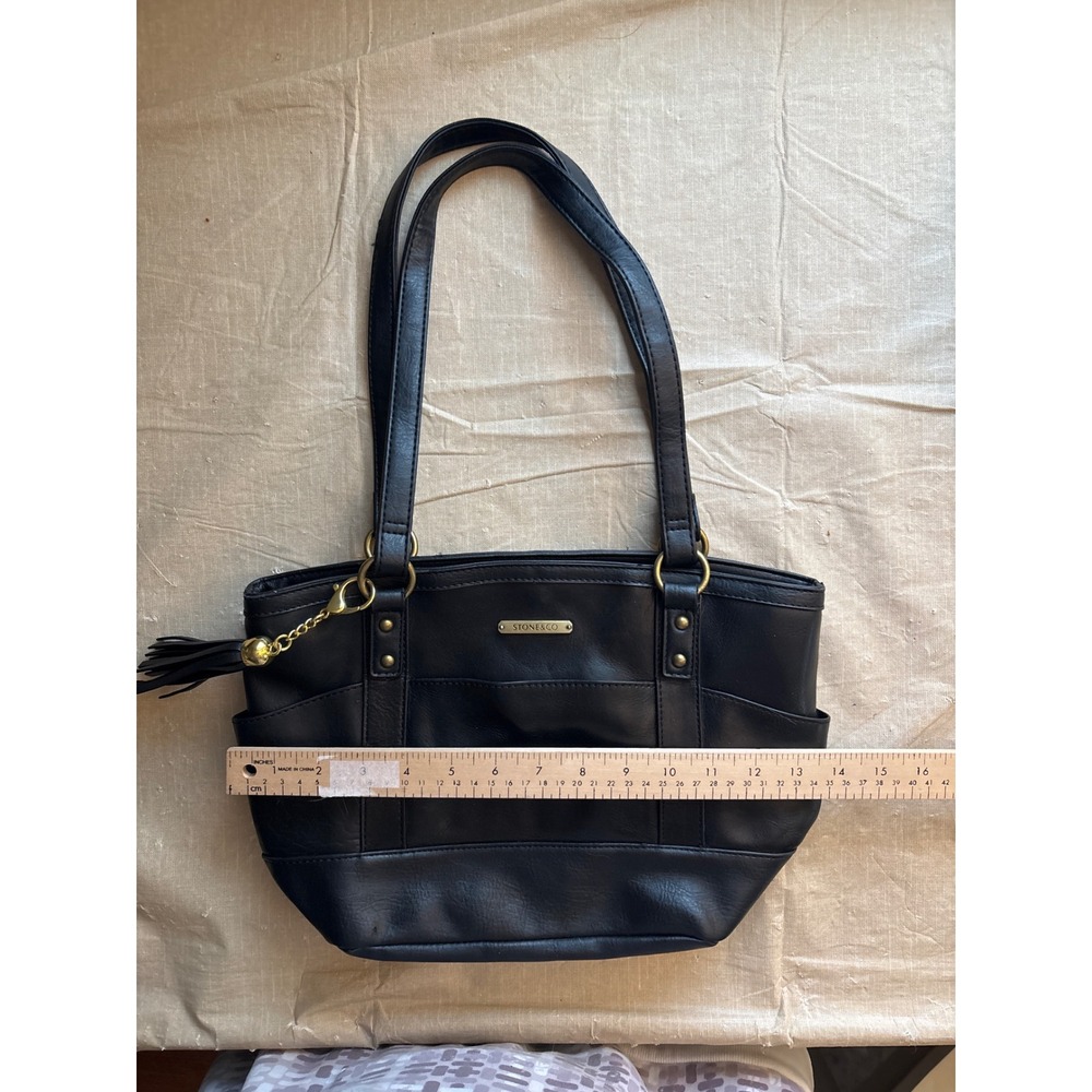 Stone & Co Black Leather Shoulder Bag Tote Organizer Brass Hardware Tassel